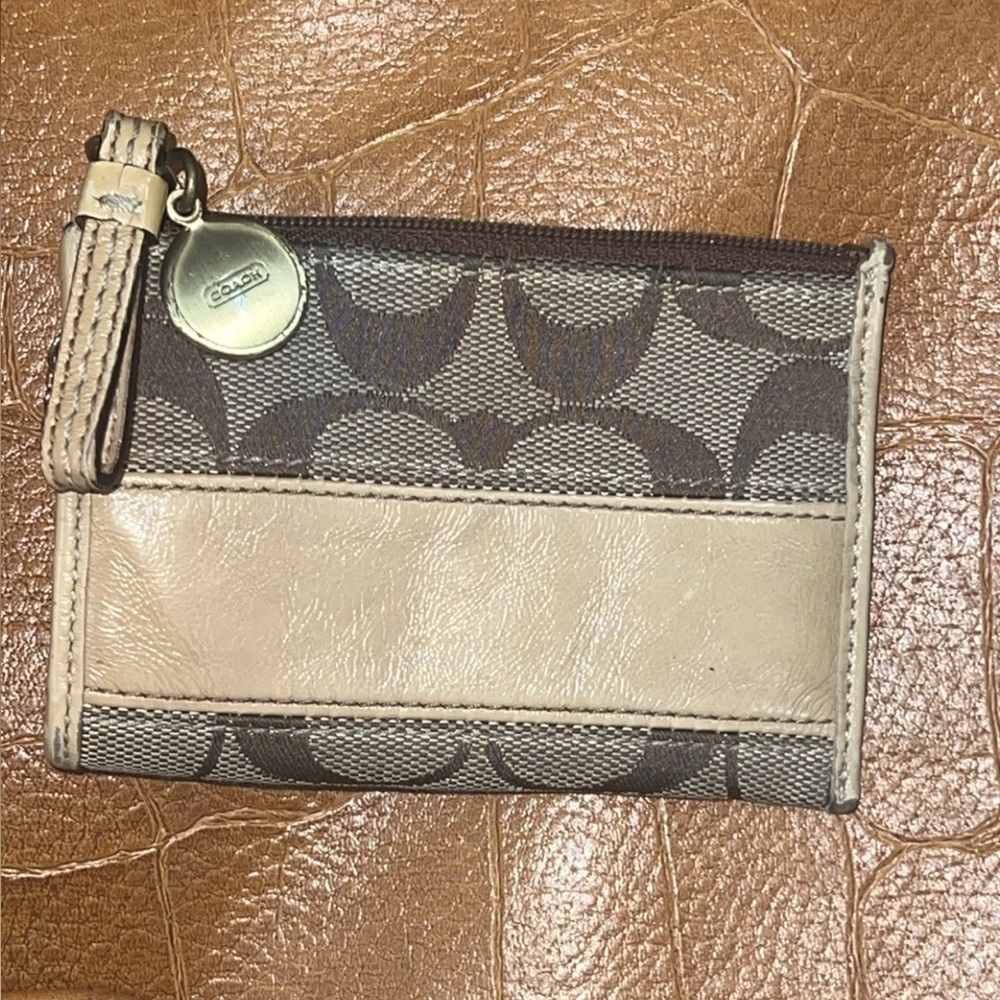 Coach Brown and Tan Signature wallet/ Card Case keychain